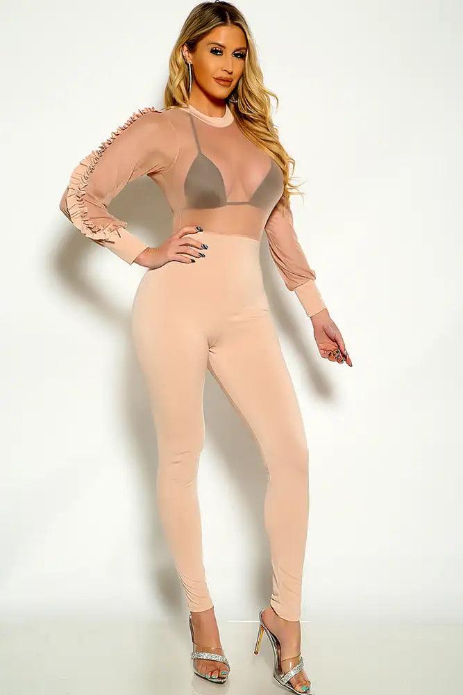 Beige Long Sleeve Mesh Sexy Fitted Jumpsuit - AMIClubwear