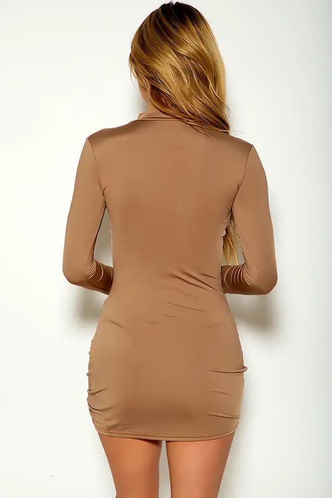 Beige Long Sleeve Mock Neck Ruched Party Dress - AMIClubwear