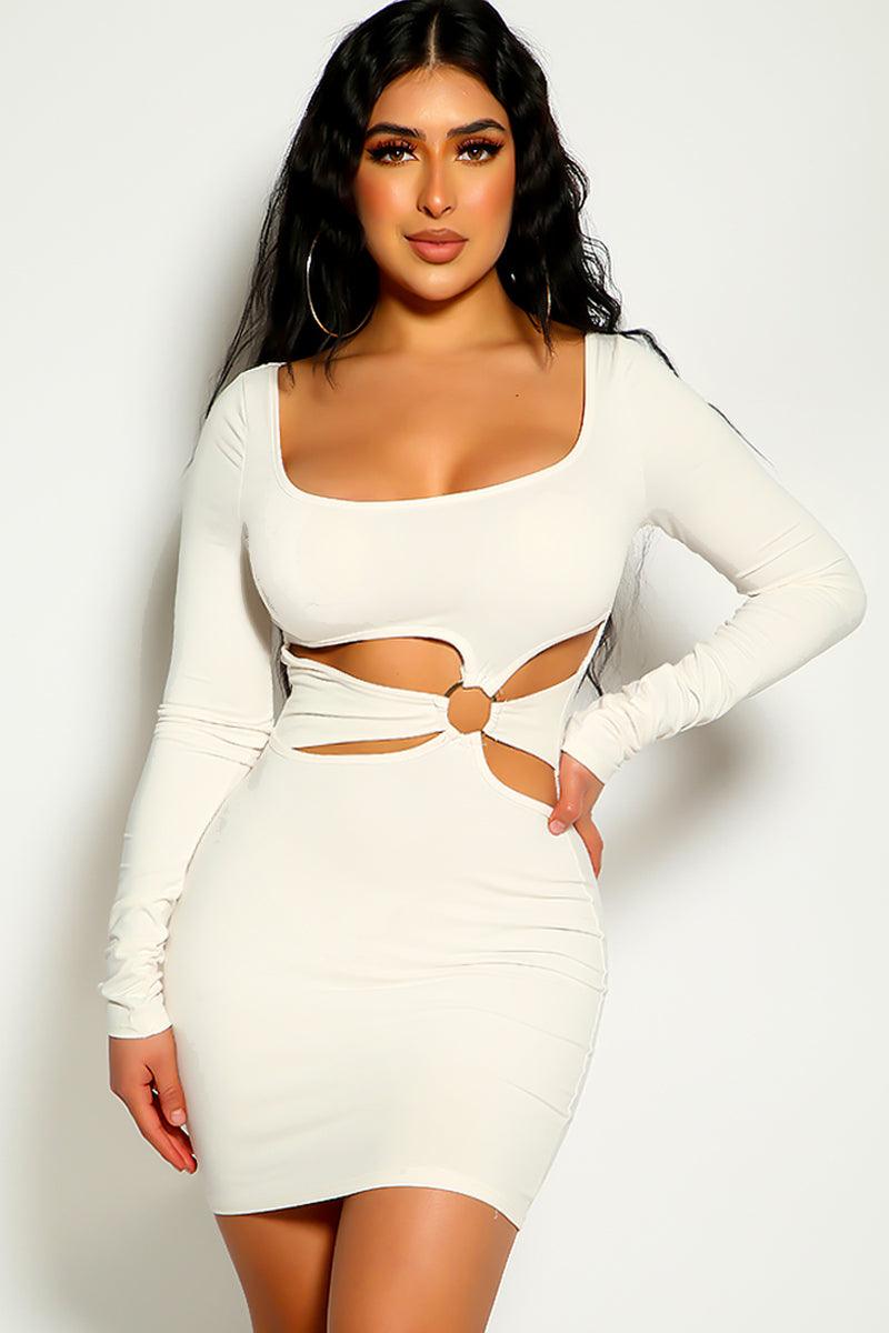 Beige Long Sleeve O-Ring Party Sexy Dress - AMIClubwear