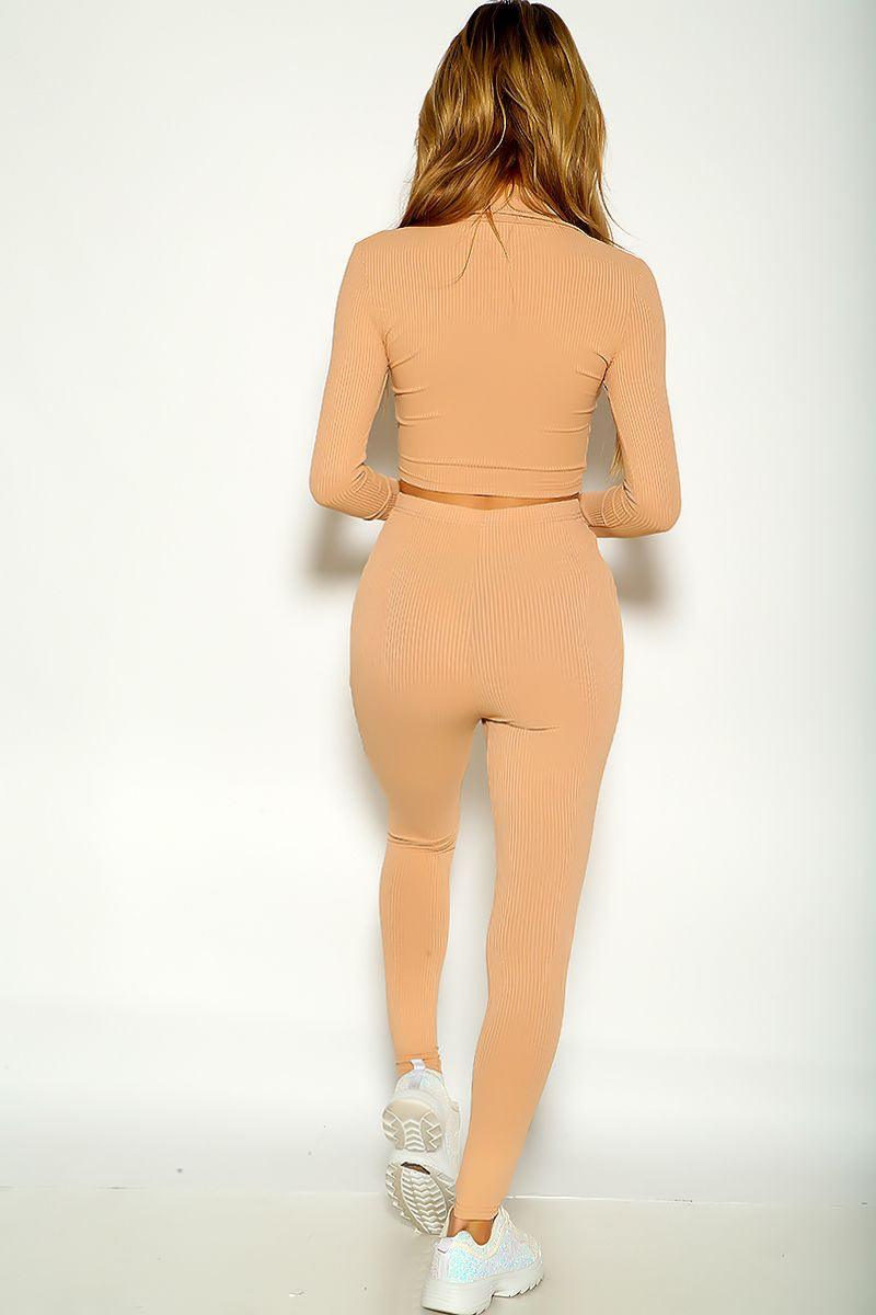 Beige Long Sleeve Ribbed Sexy Two Piece Outfit - AMIClubwear