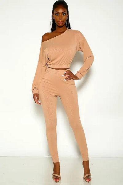Beige Long Sleeve Ribbed Two Piece Outfit - AMIClubwear