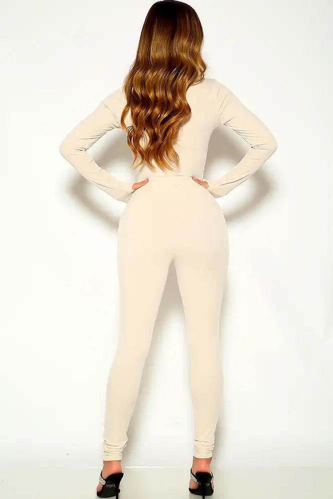 Beige Long Sleeve Ribbed Two Piece Outfit - AMIClubwear