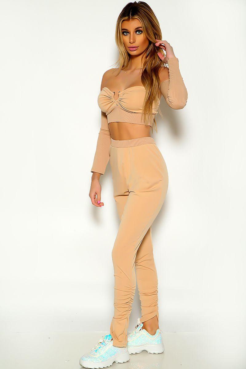 Beige Long Sleeve Stitched Detail Cropped Lounge Wear Outfit - AMIClubwear