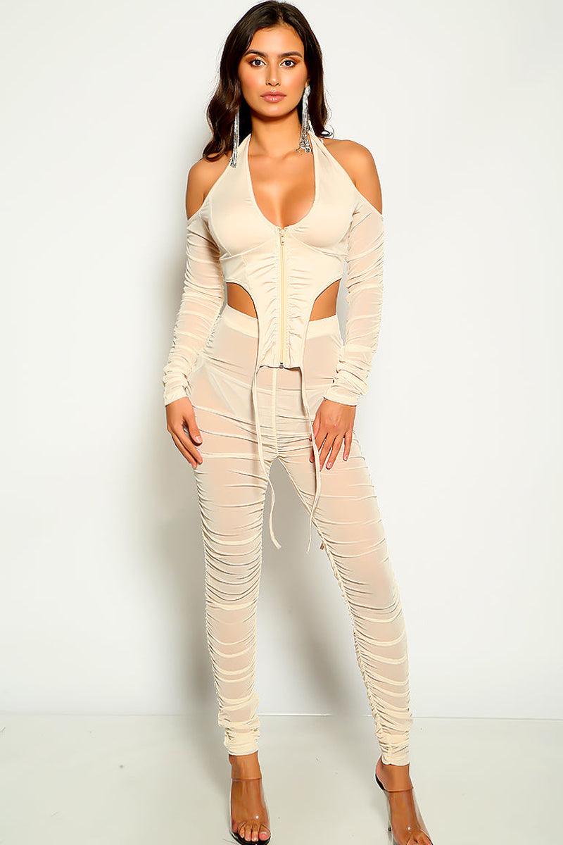 Beige Mesh Long Sleeve Two Piece Outfit - AMIClubwear