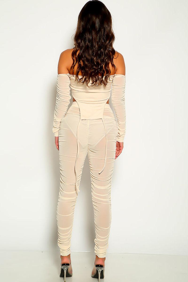 Beige Mesh Long Sleeve Two Piece Outfit - AMIClubwear