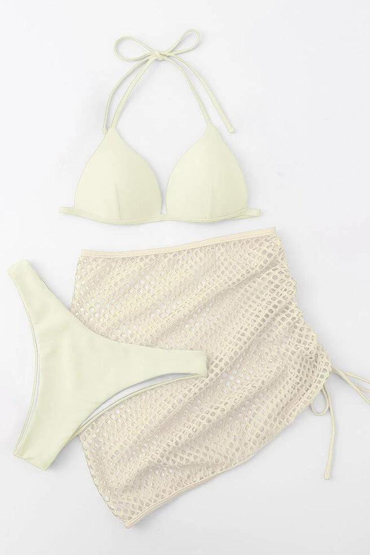 Beige Netted Cheeky Three Piece Swimsuit - AMIClubwear