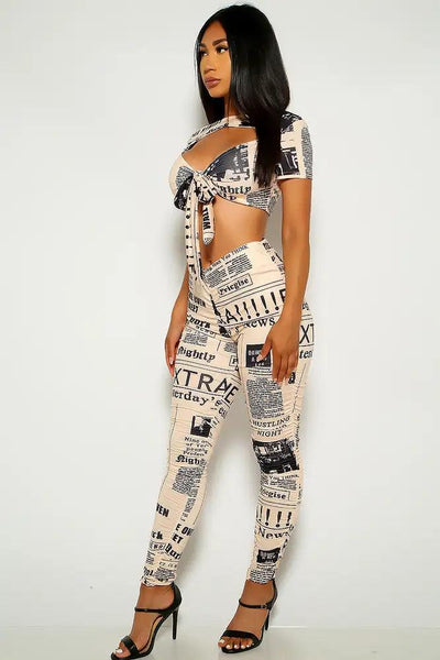 Beige Newspaper Print Two Piece Outfit - AMIClubwear