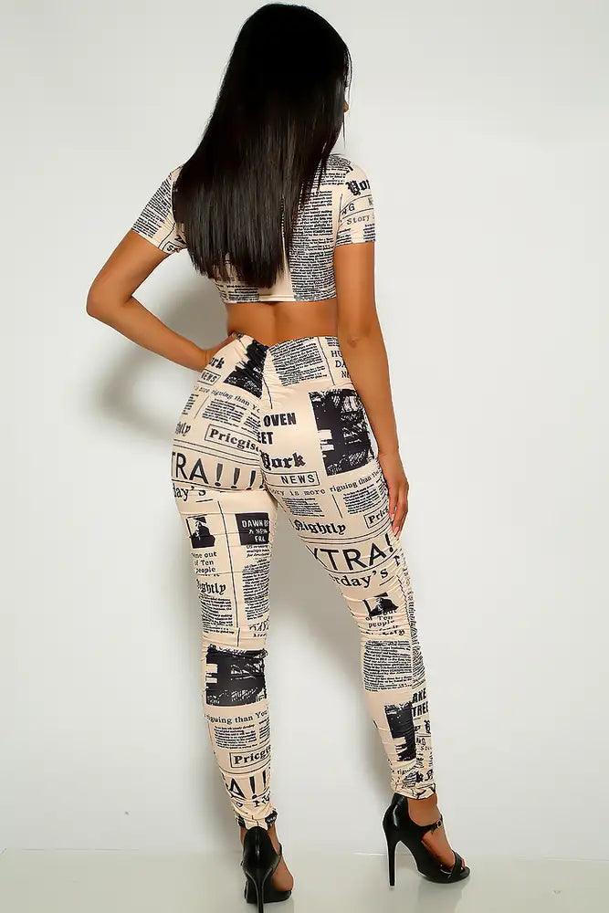 Beige Newspaper Print Two Piece Outfit - AMIClubwear