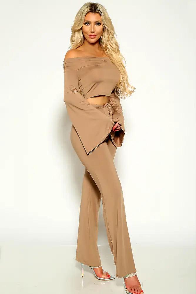 Beige Off The Shoulder Bell Sleeve Two Piece Outfit - AMIClubwear