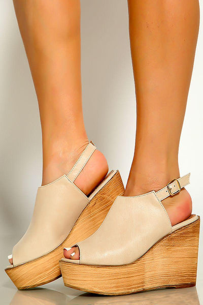 Beige Peep Toe Faux Leather Sling Back Platform Wedges - AMIClubwear