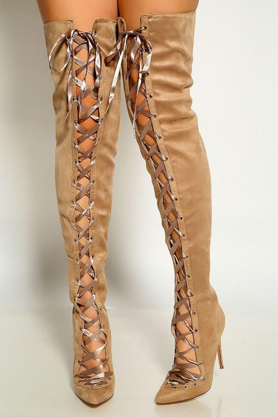 Beige Pointy Toe Lace Up Thigh High Single Sole High Heel Faux Suede Boots - AMIClubwear