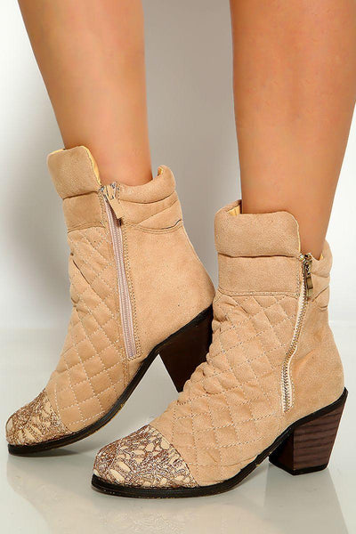 Beige Quilted Embroidered Chunky Heel Booties - AMIClubwear
