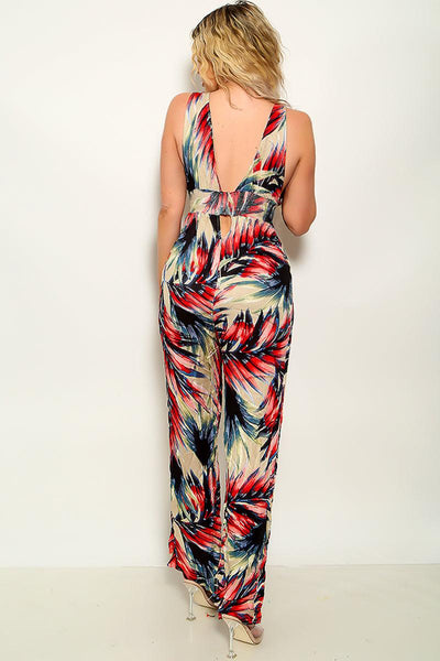 Beige Red V-Neck Wide Leg Jumpsuit - AMIClubwear