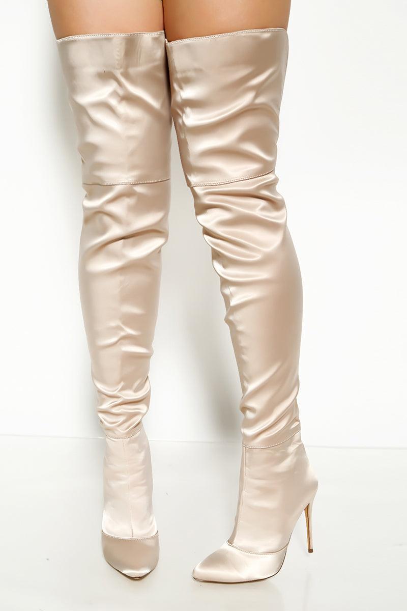 Beige Satin Pointy Toe Zip Up Thigh High Stiletto Boots - AMIClubwear