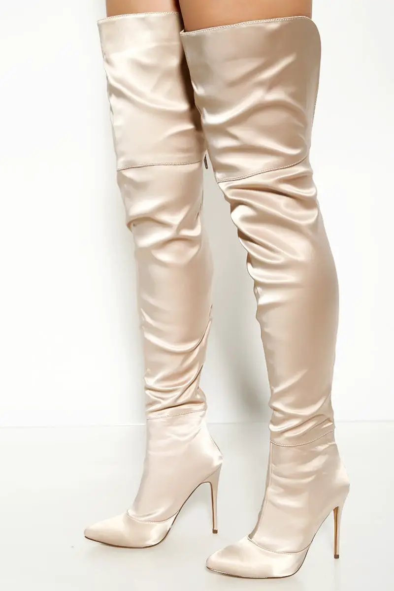 Beige Satin Pointy Toe Zip Up Thigh High Stiletto Boots