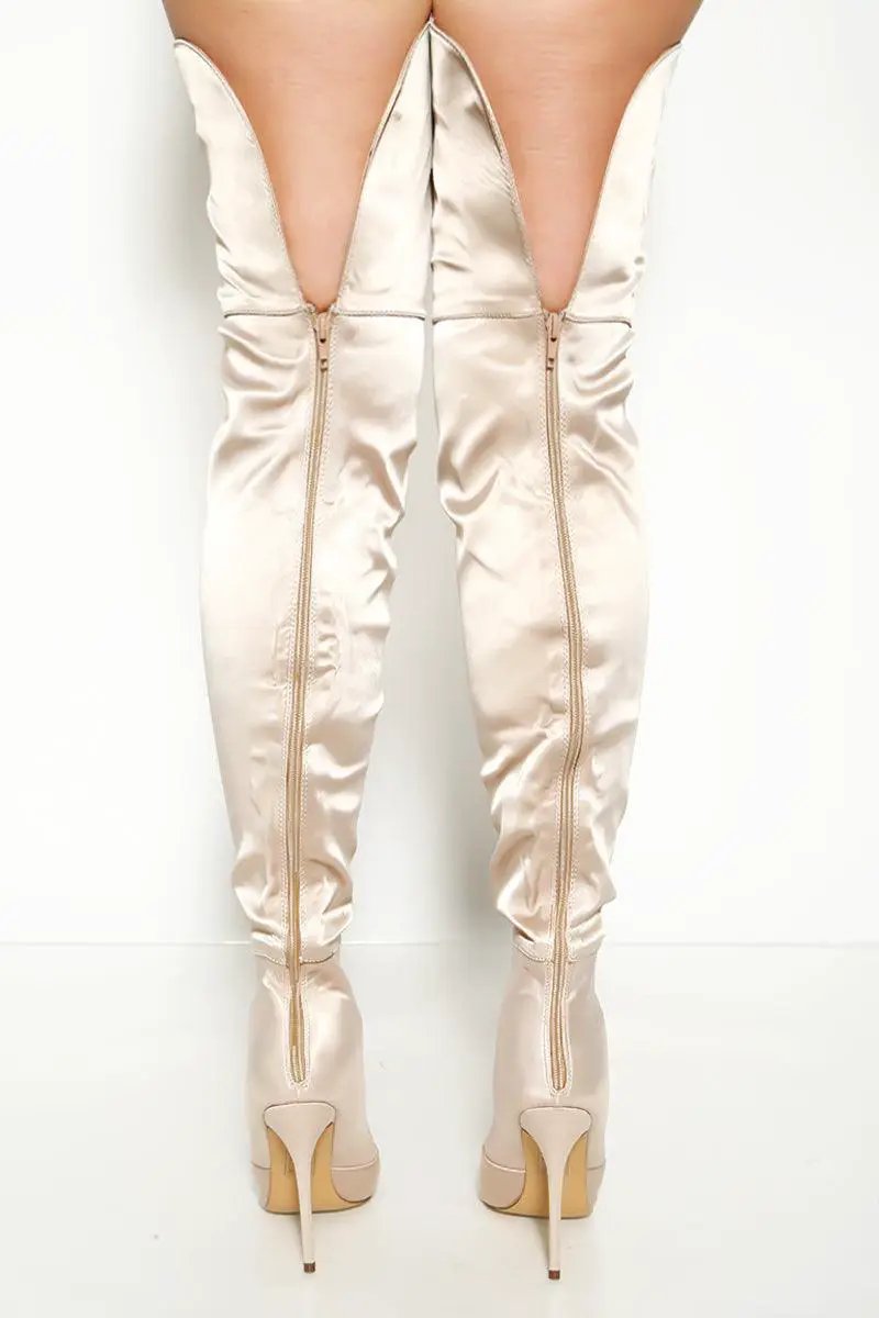 Beige Satin Pointy Toe Zip Up Thigh High Stiletto Boots
