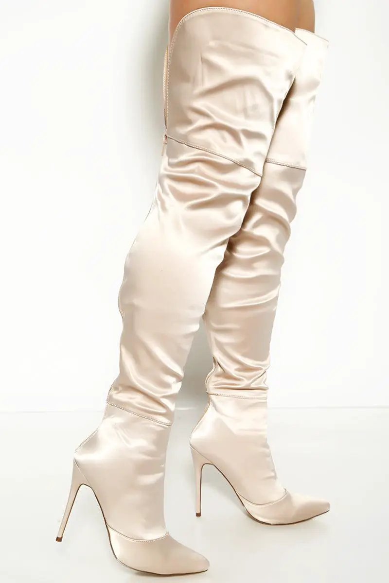 Beige Satin Pointy Toe Zip Up Thigh High Stiletto Boots