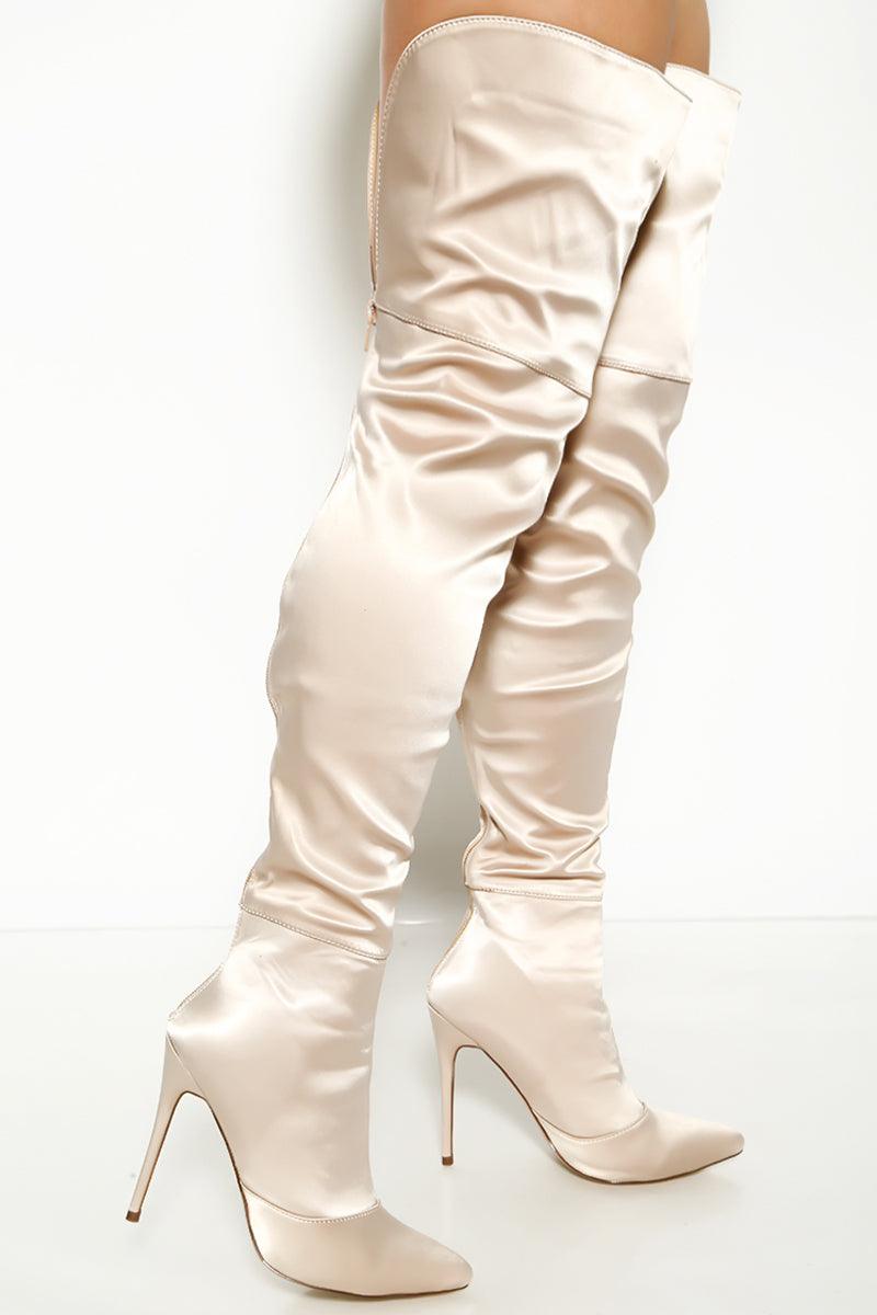 Beige Satin Pointy Toe Zip Up Thigh High Stiletto Boots - AMIClubwear