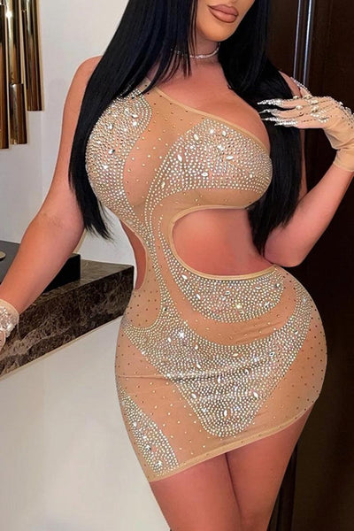 Beige Silver Mesh Rhinestone Accent Cut Out Sexy Party Dress - AMIClubwear