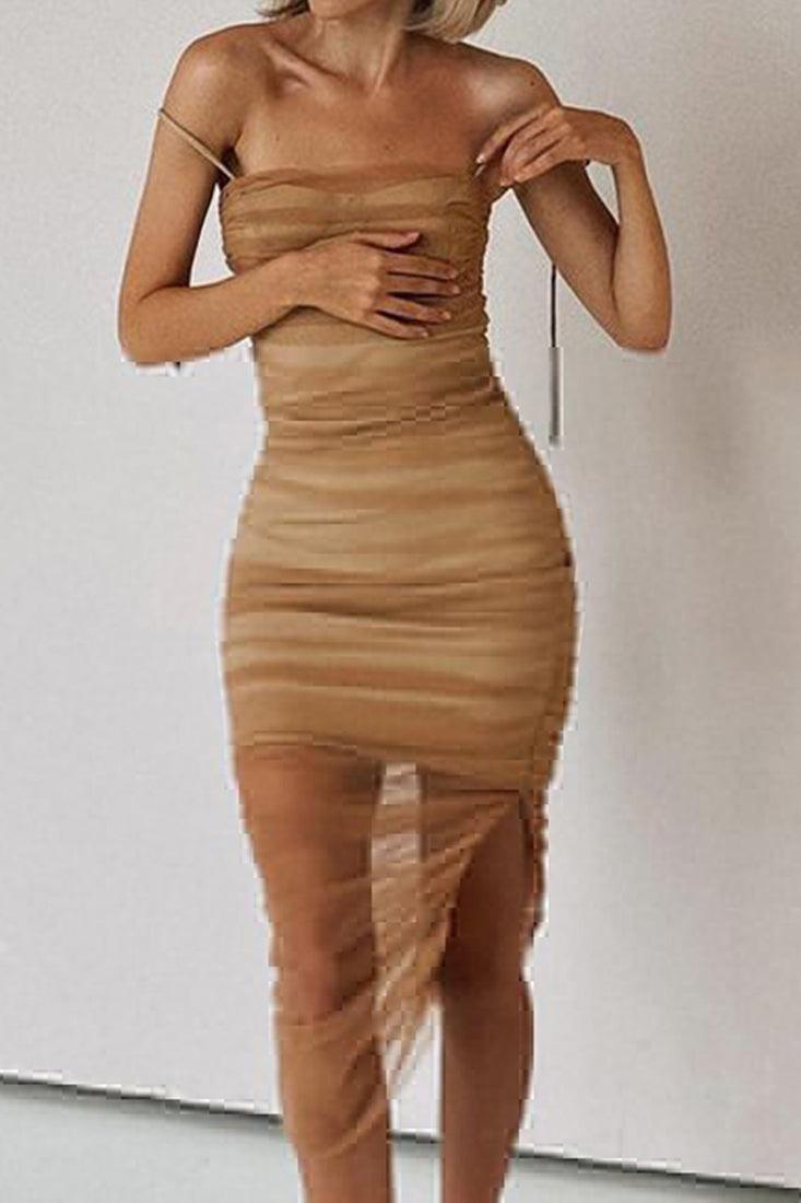 Beige Sleeveless Asymmetrical Party Dress - AMIClubwear