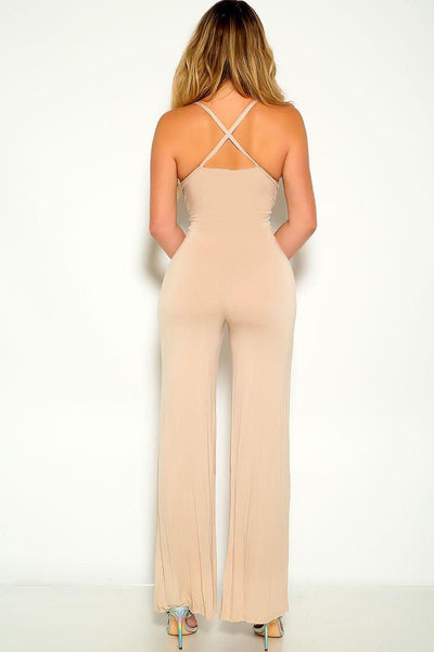 Beige Sleeveless Front Knot Flared Jumpsuit - AMIClubwear