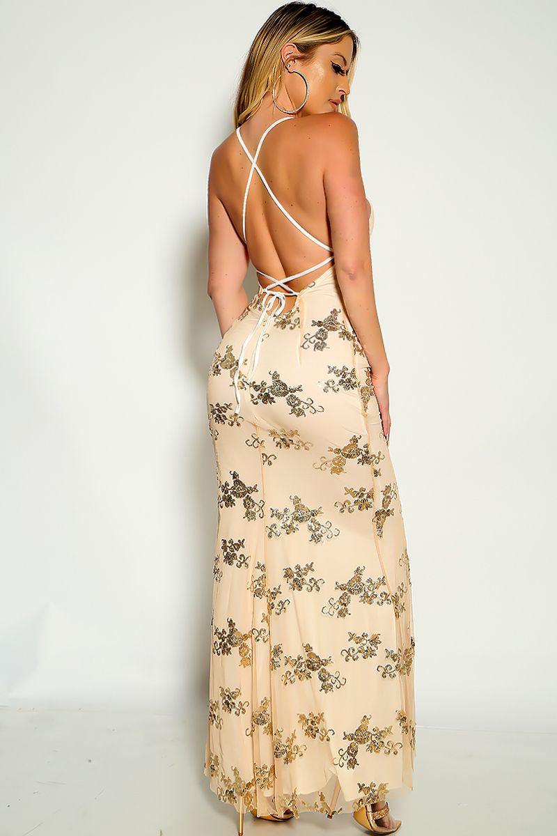 Beige Sleeveless Sequins Maxi Party Dress - AMIClubwear