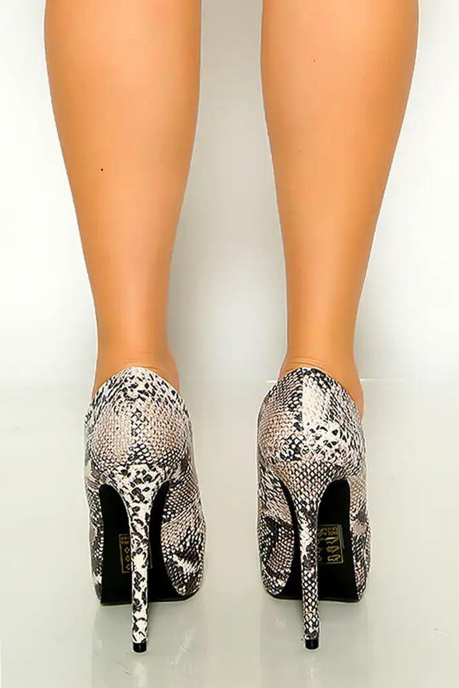 Beige Snake Peep Toe Platform High Heels - AMIClubwear
