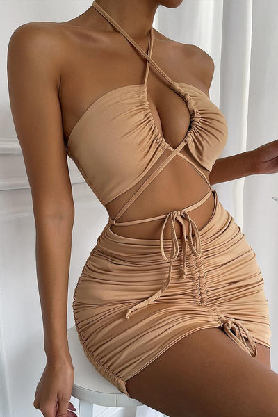 Beige Strappy Ruched Sleeveless Party Dress - AMIClubwear