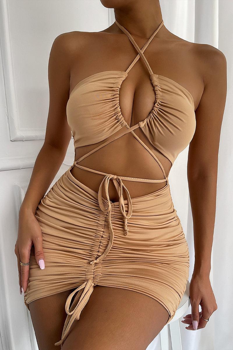 Beige Strappy Ruched Sleeveless Party Dress - AMIClubwear