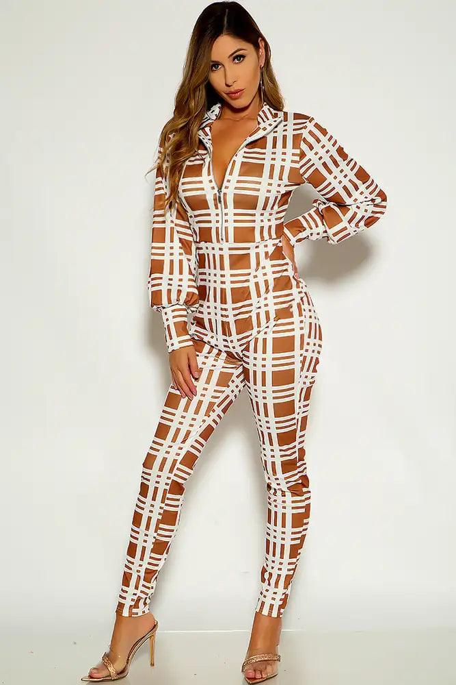 Beige Two Tone Long sleeve Front Zipper Jumpsuit - AMIClubwear