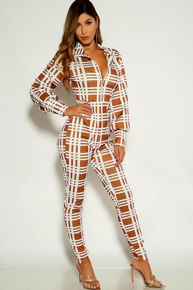 Beige Two Tone Long sleeve Front Zipper Jumpsuit - AMIClubwear