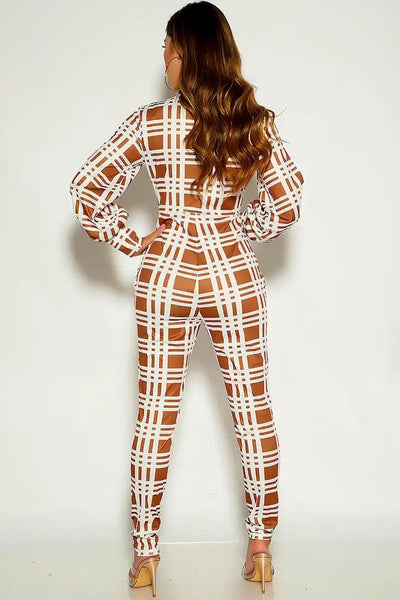 Beige Two Tone Long sleeve Front Zipper Jumpsuit - AMIClubwear