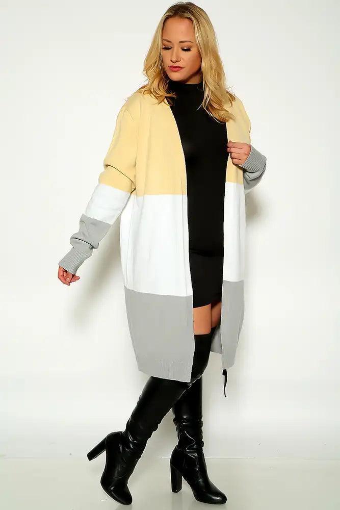 Beige Two Tone Long Sleeve Plus Size Open Front Cardigan - AMIClubwear