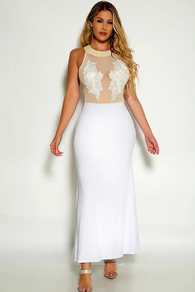 Beige White Mesh Crochet Detail Maxi Dress - AMIClubwear