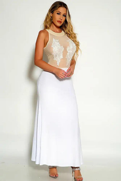 Beige White Mesh Crochet Detail Maxi Dress - AMIClubwear