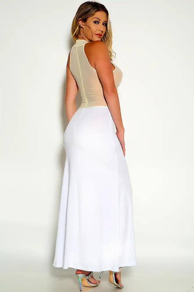 Beige White Mesh Crochet Detail Maxi Dress - AMIClubwear