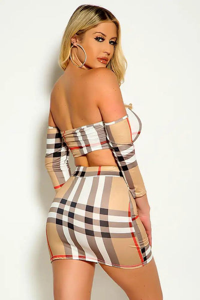Beige White Off The Shoulder Quarter Sleeve Plaid Two Piece Dress - AMIClubwear