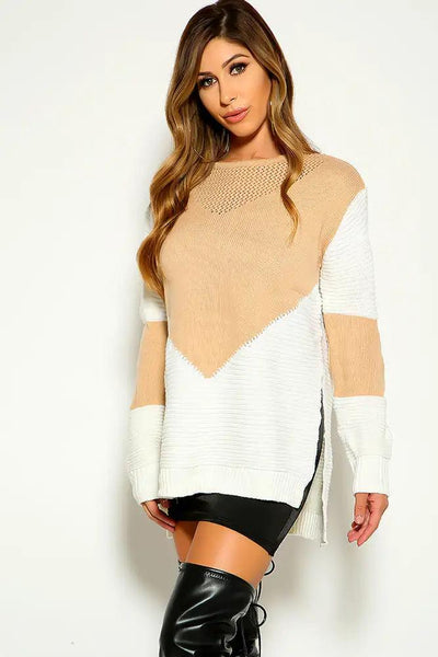 Beige White Side Slit Knitted Sweater - AMIClubwear