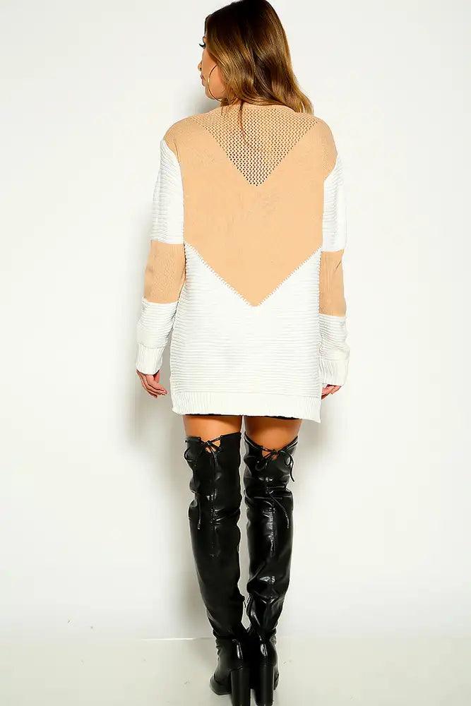 Beige White Side Slit Knitted Sweater - AMIClubwear