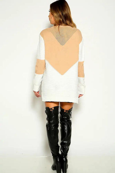 Beige White Side Slit Knitted Sweater - AMIClubwear