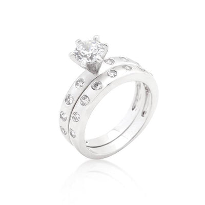 Bezel Set Round Cut Bridal Ring Set - AMIClubwear