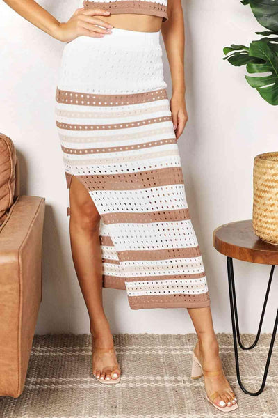 Double Take Striped Openwork Cropped Tank and Split Skirt Set - AMIClubwear