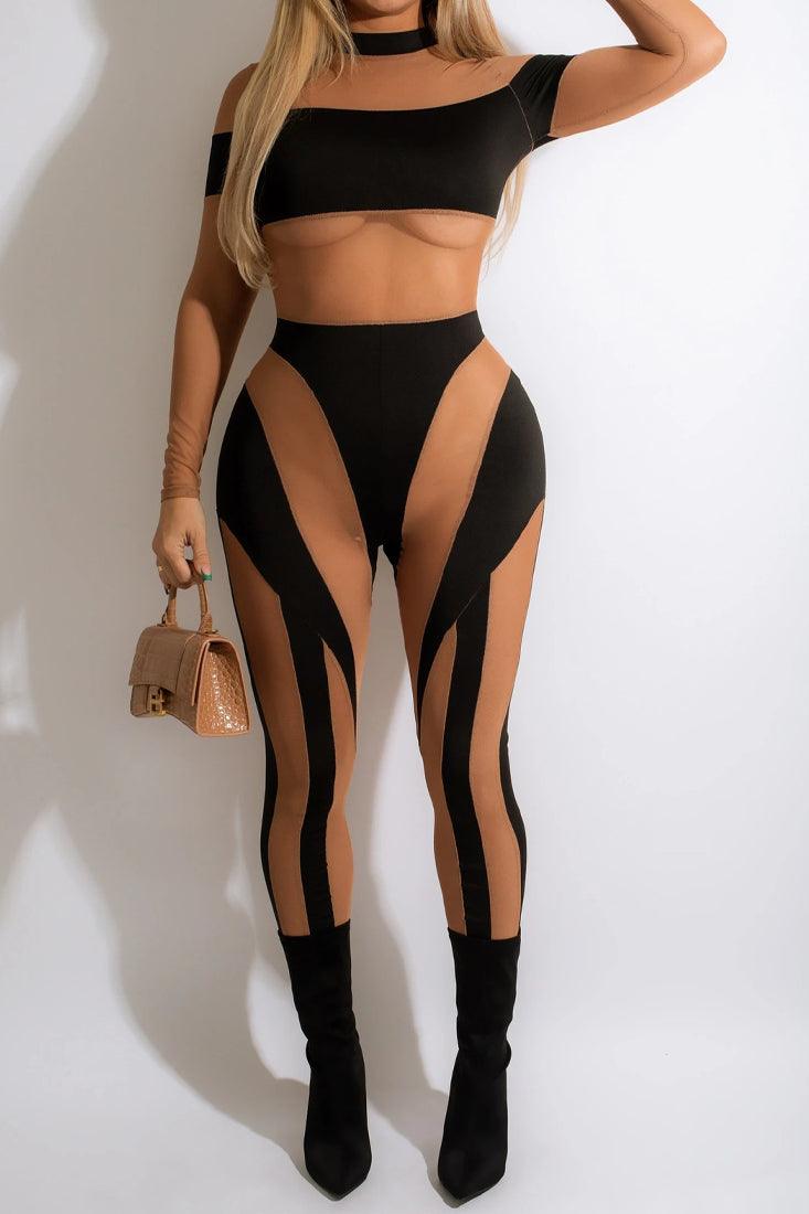 Black 2 Tone Stretchy Mesh Jumpsuit - AMIClubwear