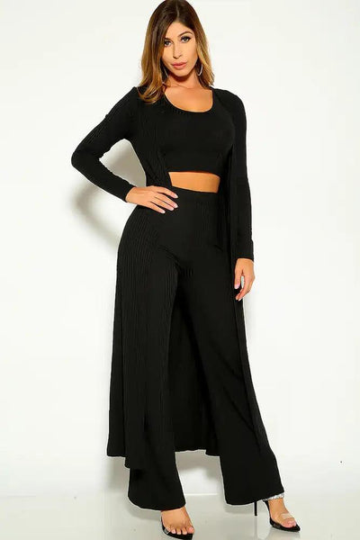 Black 3 Piece Ribbed Cardigan Outfit - AMIClubwear