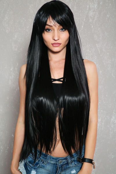 Black 33 Inch Side Bangs Straight Hair Costume Wig - AMIClubwear