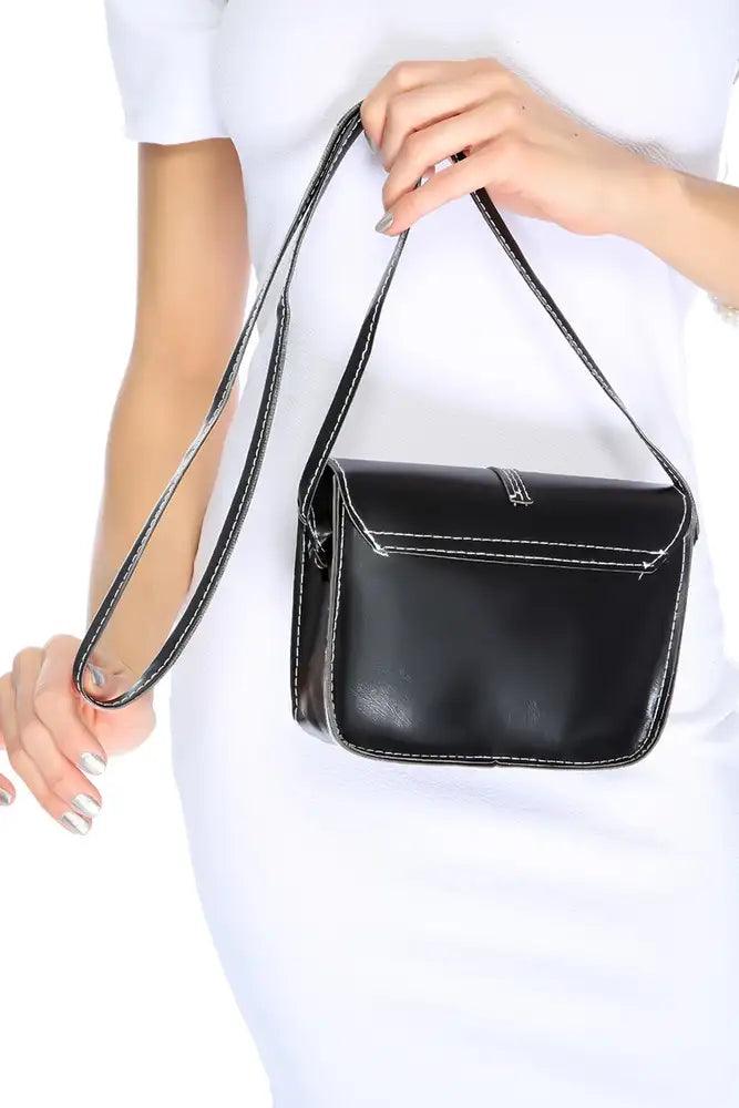 Black Adjustable Shoulder Strap Mini Faux Leather Handbag - AMIClubwear