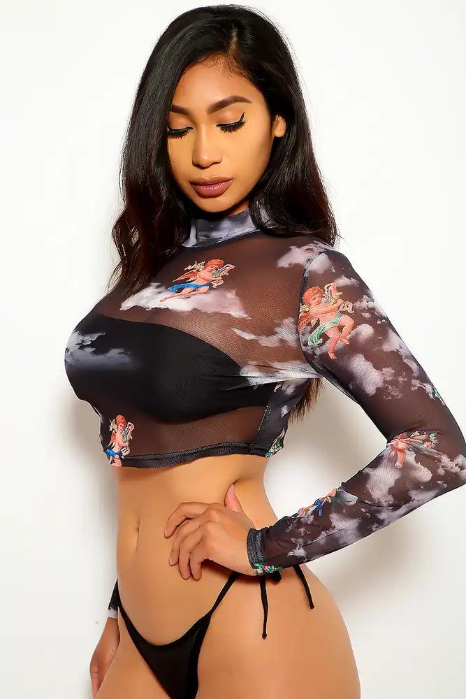 Black Angel Print Crop Top - AMIClubwear