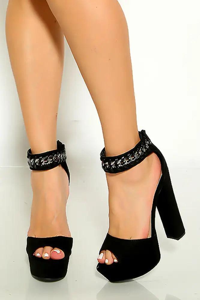 Black Ankle Strap Peep Toe Platform Chunky High Heels - AMIClubwear