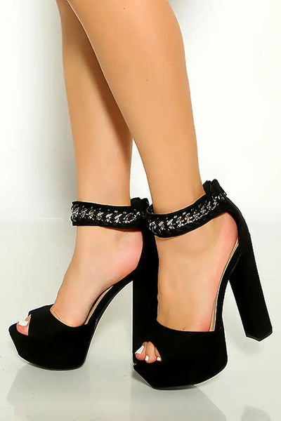 Black Ankle Strap Peep Toe Platform Chunky High Heels - AMIClubwear