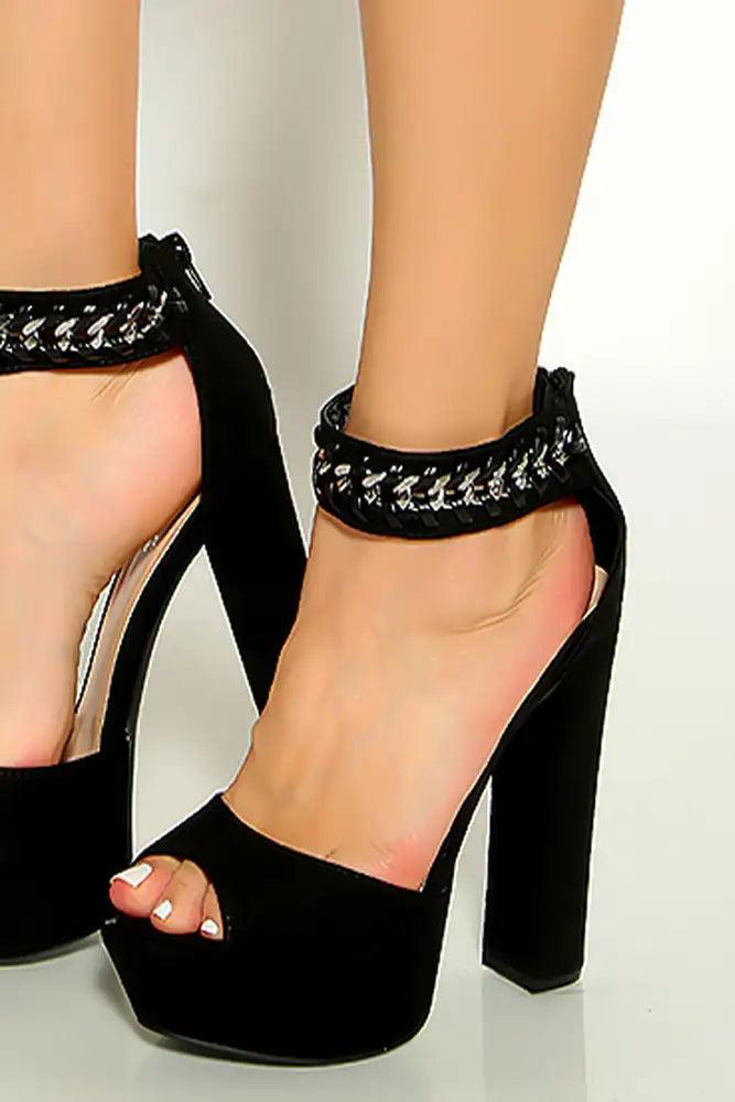 Black Ankle Strap Peep Toe Platform Chunky High Heels - AMIClubwear